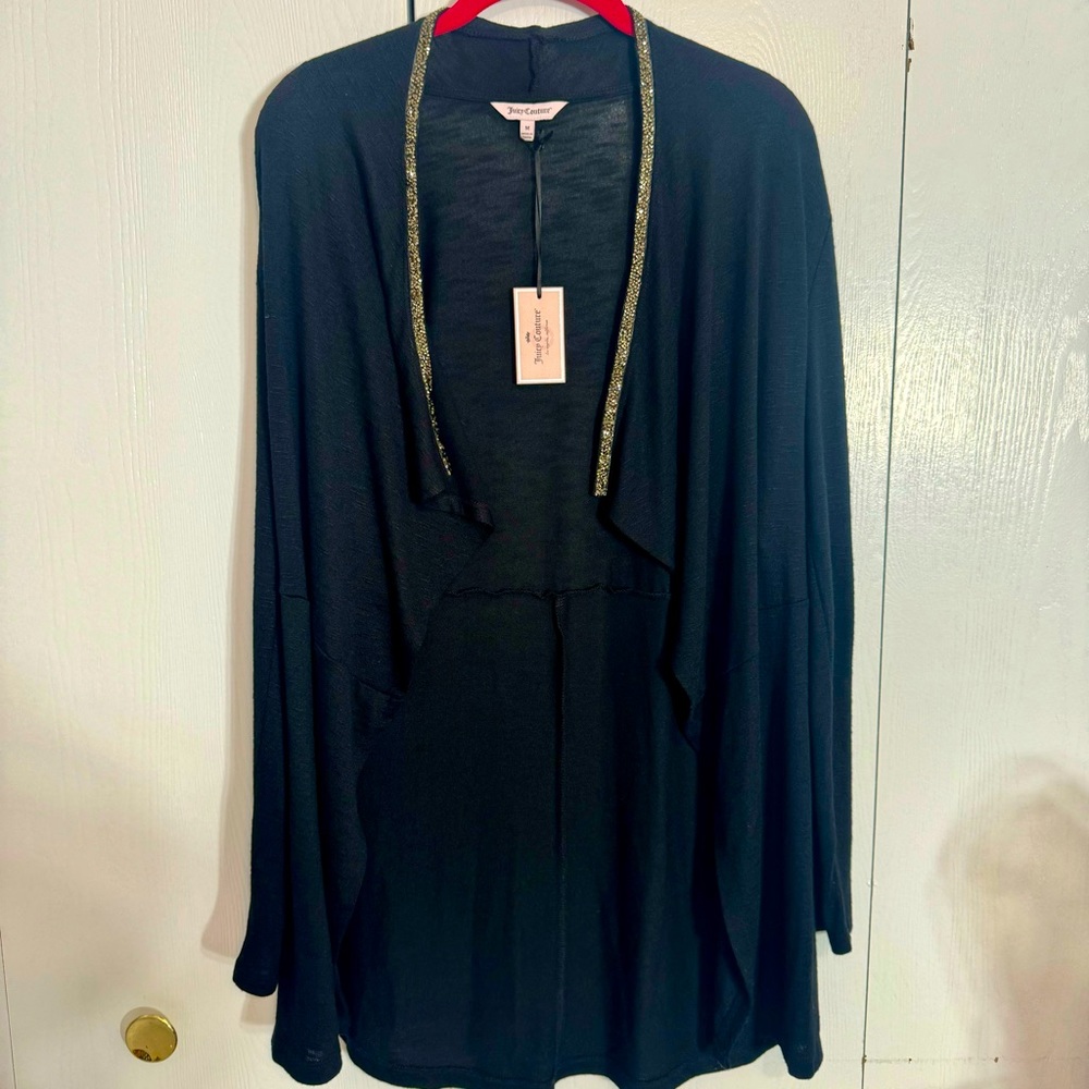 NWT. Juicy Couture open black cardigan with faux bling around neck. Size: M.